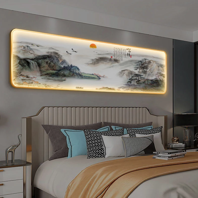 新中式卧室床头画书房山水发光挂画带灯客厅装饰画沙发背景墙壁画
