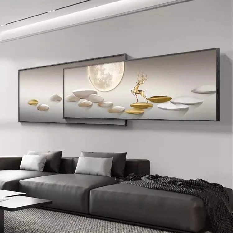 石来运转沙发背景墙装饰画轻奢高档叠加壁画寓意好麋鹿客厅挂画