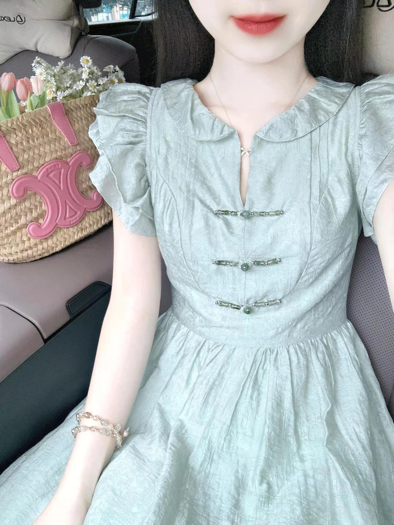 蓝色新中式小飞袖连衣裙女夏季小个子收腰裙子甜美清纯无袖a字裙