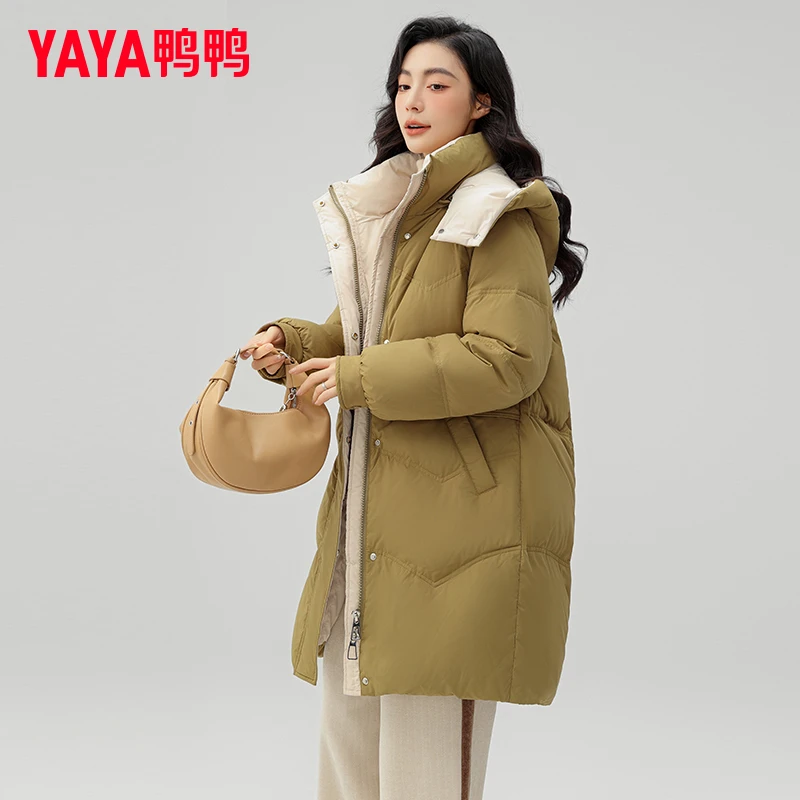 YAYA/鸭鸭连帽中长款羽绒服女士2024年冬季新款时尚休闲保暖外套