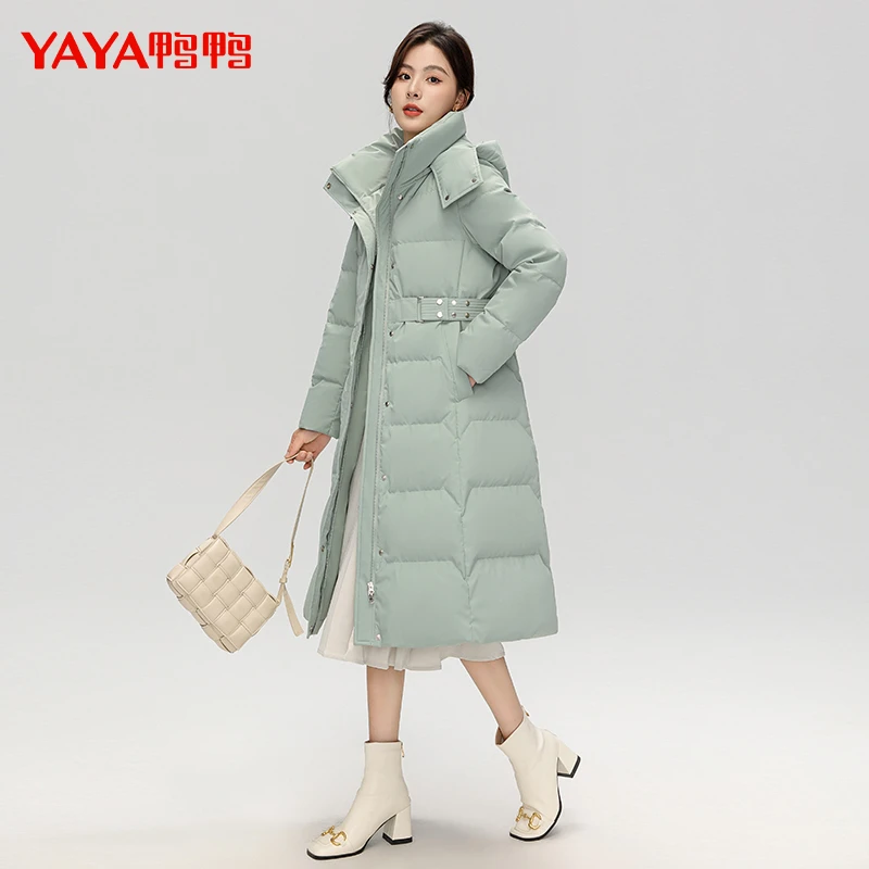 YAYA/鸭鸭长款收腰羽绒服女士冬季2024新款时尚防风过膝保暖外套
