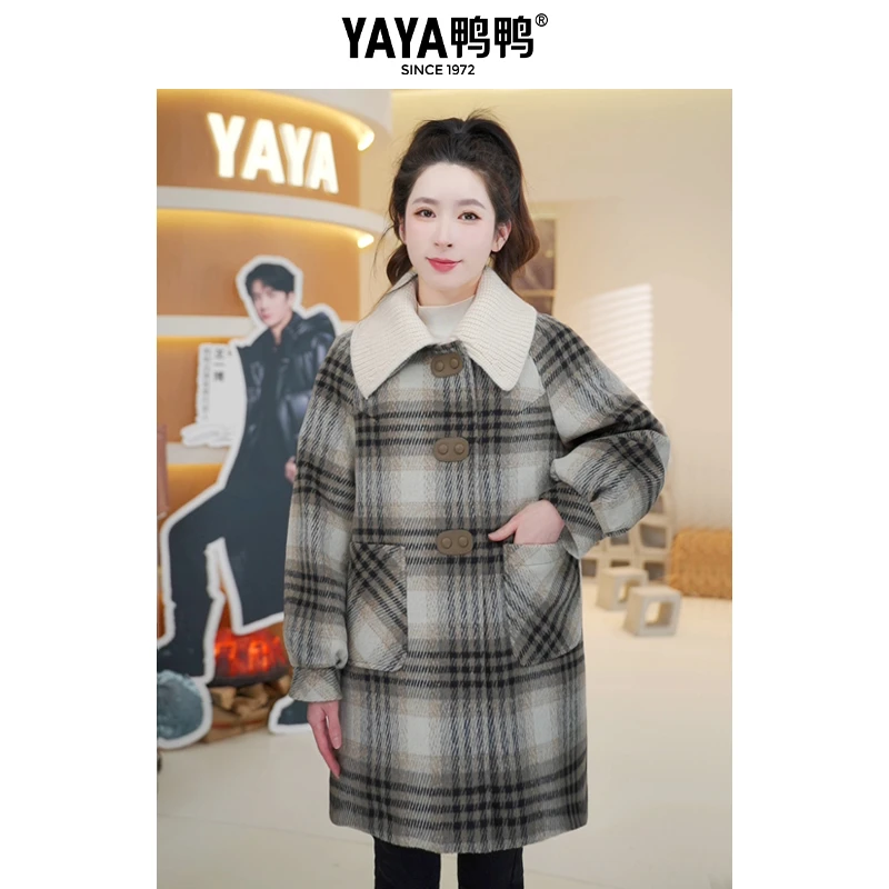 YAYA/鸭鸭毛呢羽绒服女中长款冬季时尚复古宽松翻领格纹大衣外套