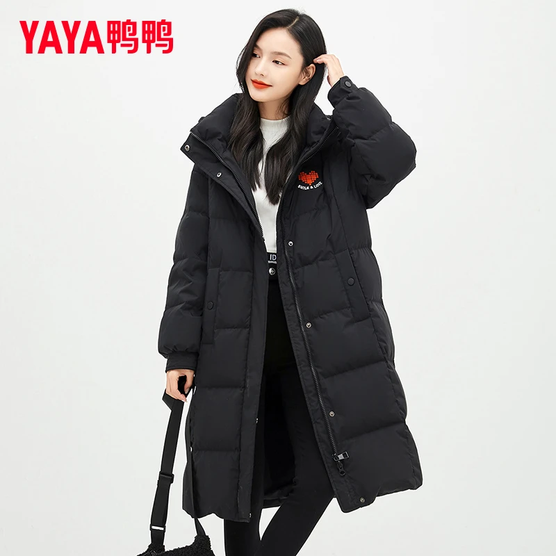 YAYA/鸭鸭品牌长款过膝时尚休闲冬季鹅绒羽绒服女士宽松连帽外套