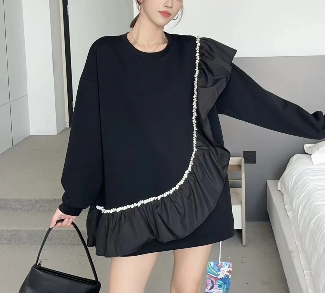 蕾蕾家欧货新款宽松大版满钻木耳边卫衣上衣