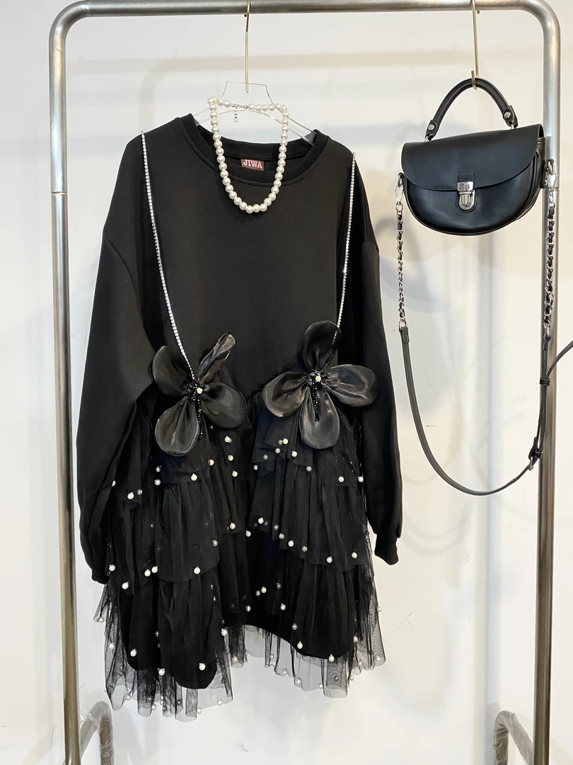 蕾蕾家欧货新款宽松大版立体花朵拼接纱纱连衣裙