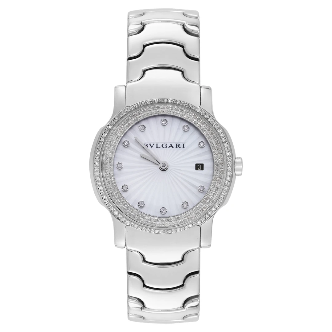 99新 BVLGARI/宝格丽 29mm钢带白盘后钻腕表/WHT023980