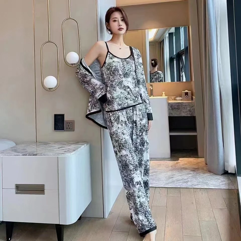国潮风水墨画长袖长裤短裤吊带四件套印花舒适v领睡衣家居服套装