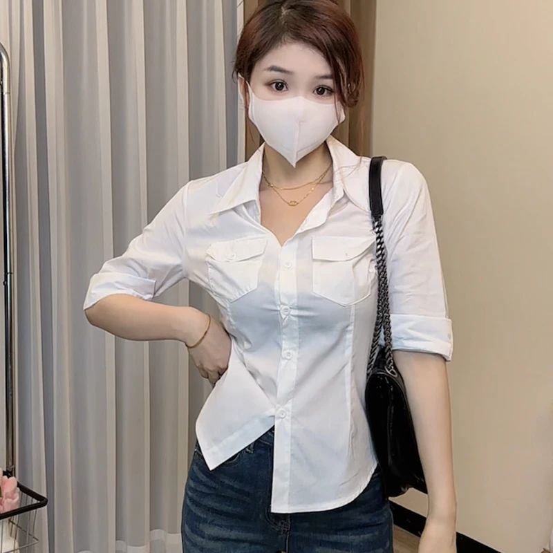 2024新款衬衫女甜妹收腰显瘦气质时尚减龄衬衣白色纯欲打底上衣