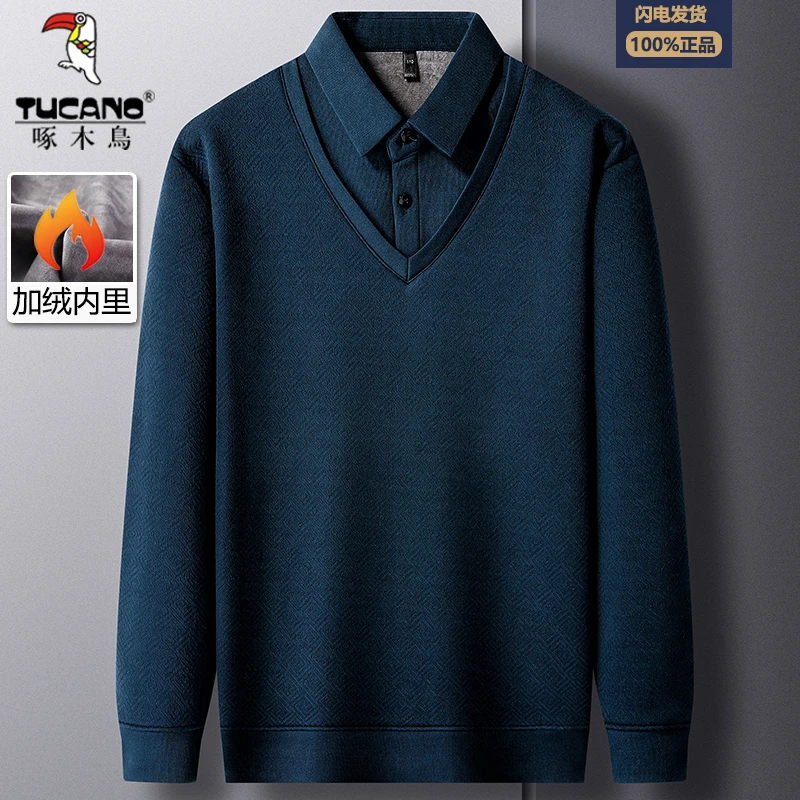 TUCANO/啄木鳥爸爸秋冬季新款假两件长袖T加厚加绒中老年男士上衣
