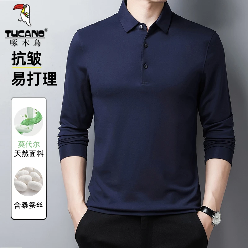 TUCANO/啄木鳥秋季爸爸装polo衫中年男士抗皱免烫莫代尔长袖衬衫