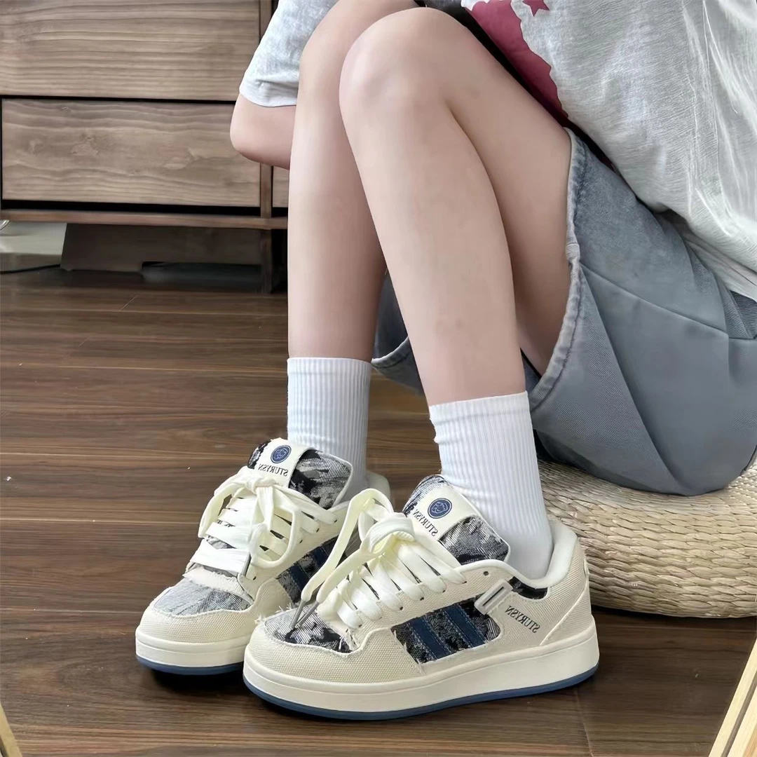 国潮原创牛仔面包鞋女港风小众设计感百搭厚底休闲板鞋2024夏新款