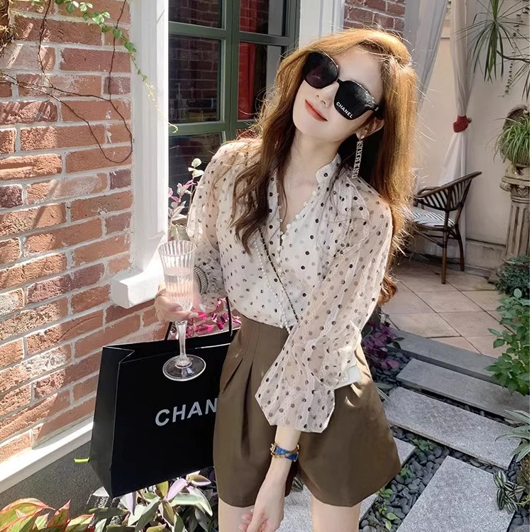 鱼兔子的兔子波点蕾丝雪纺衫女2023秋季新款雪纺上衣薄长袖防晒衫