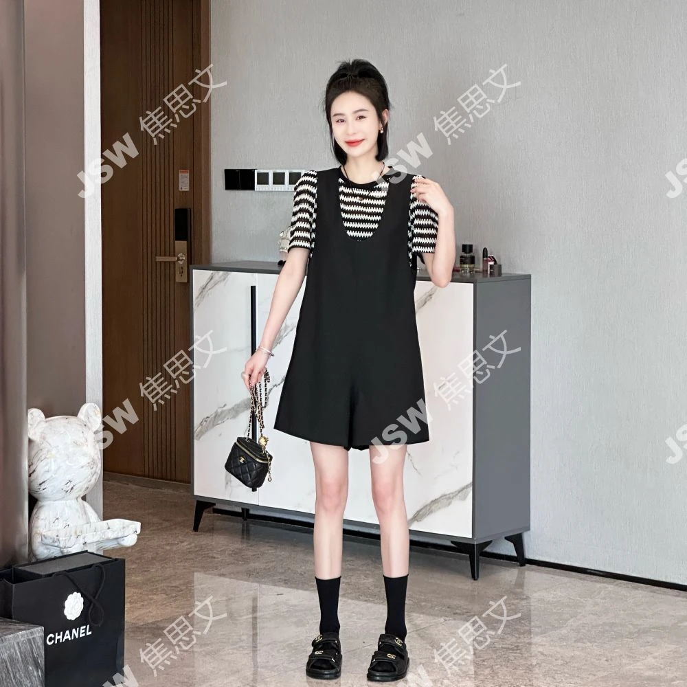 大促福利 时尚休闲洋气百搭短袖T恤+背带裤两件套装YL96138