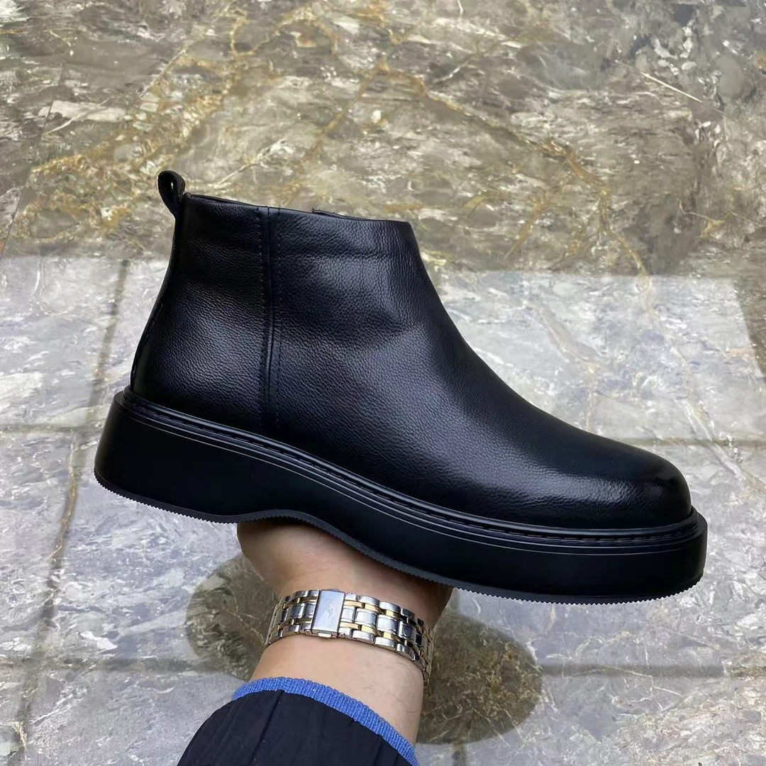 休闲高帮皮鞋男简约牛皮切尔西短靴2024冬季马丁靴厚底保暖加绒款