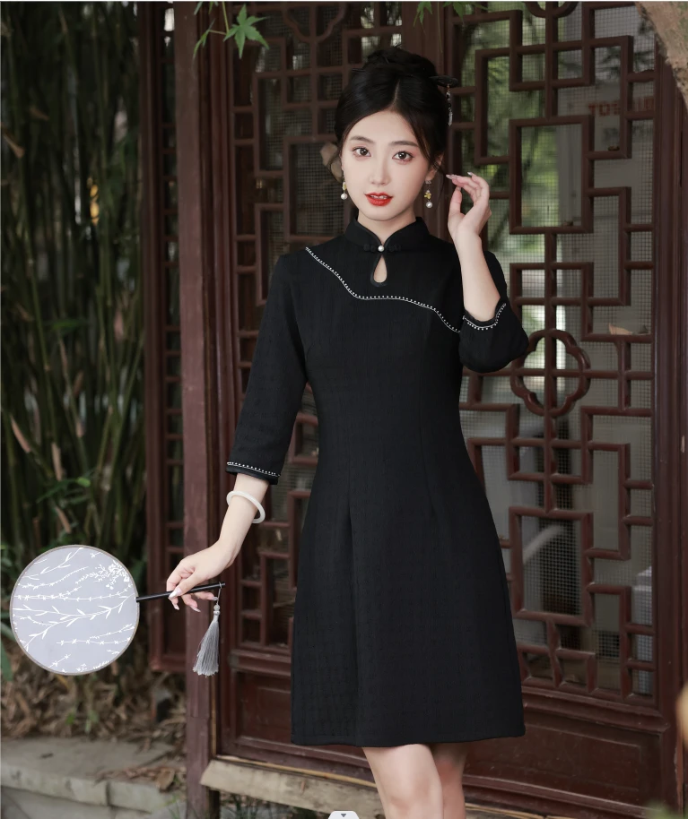 【细雨】春秋季短款黑色旗袍 小个子气质显瘦日常中国风旗袍