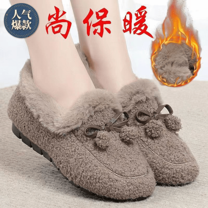 新款豆豆鞋冬季加绒外穿一脚蹬防滑保暖毛毛棉鞋软底保暖棉拖鞋