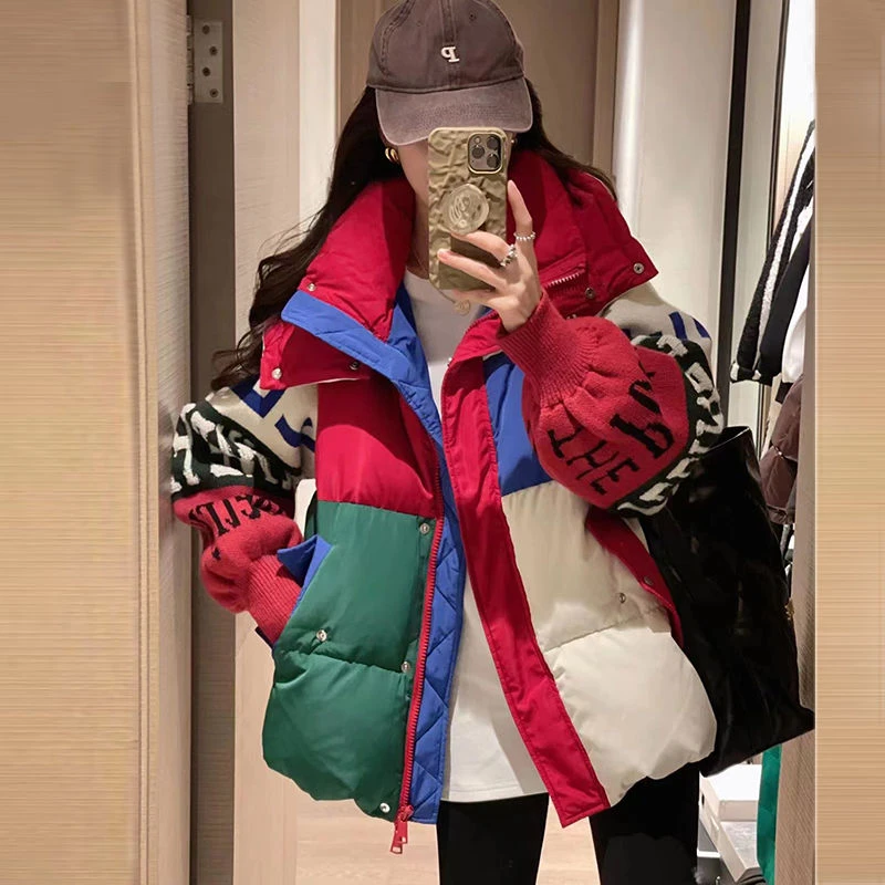 韩版棉衣女冬季新款欧洲站时尚宽松显瘦撞色连帽针织袖字母感棉服