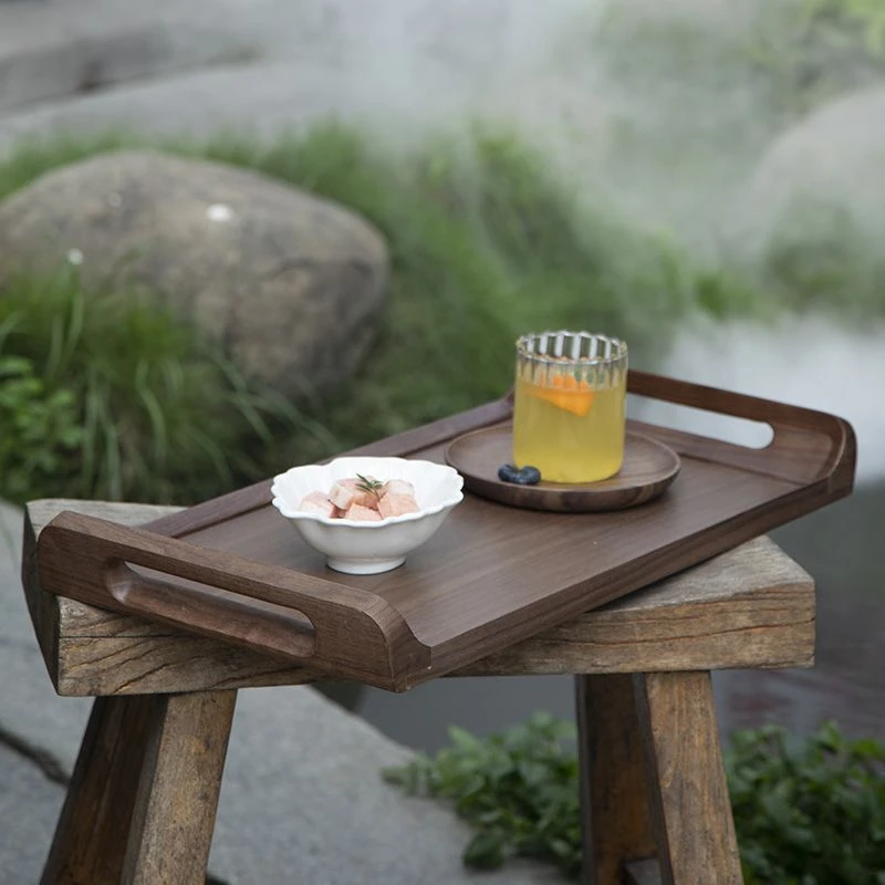 北美黑胡桃实木茶盘双耳手提两用日式托盘端菜盘茶具木质简约茶台