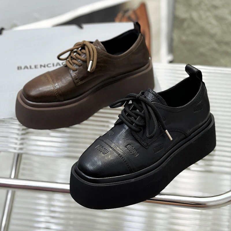 6799-1厚底小皮鞋女2025春季新款真皮方头休闲松糕百搭单鞋