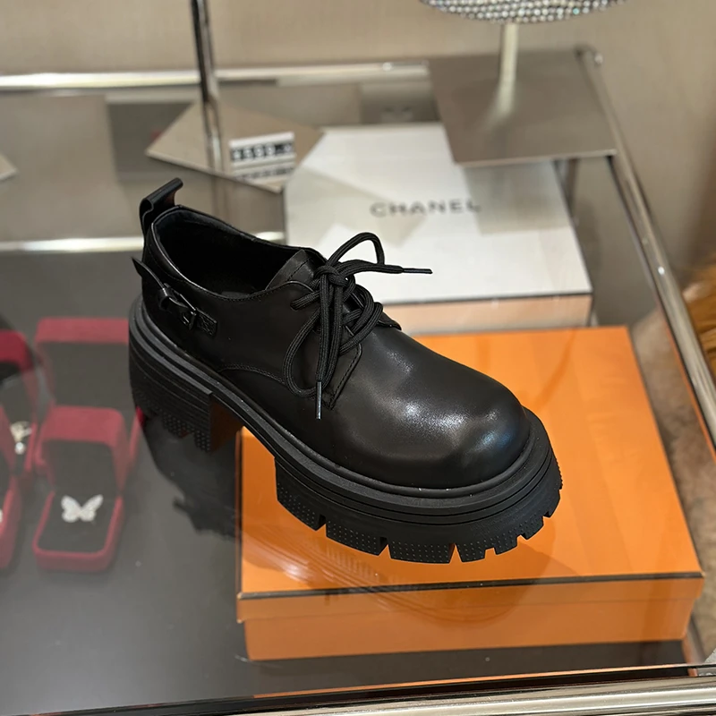 厚底小皮鞋女2024年新款真皮休闲松糕百搭单鞋WY23660-2