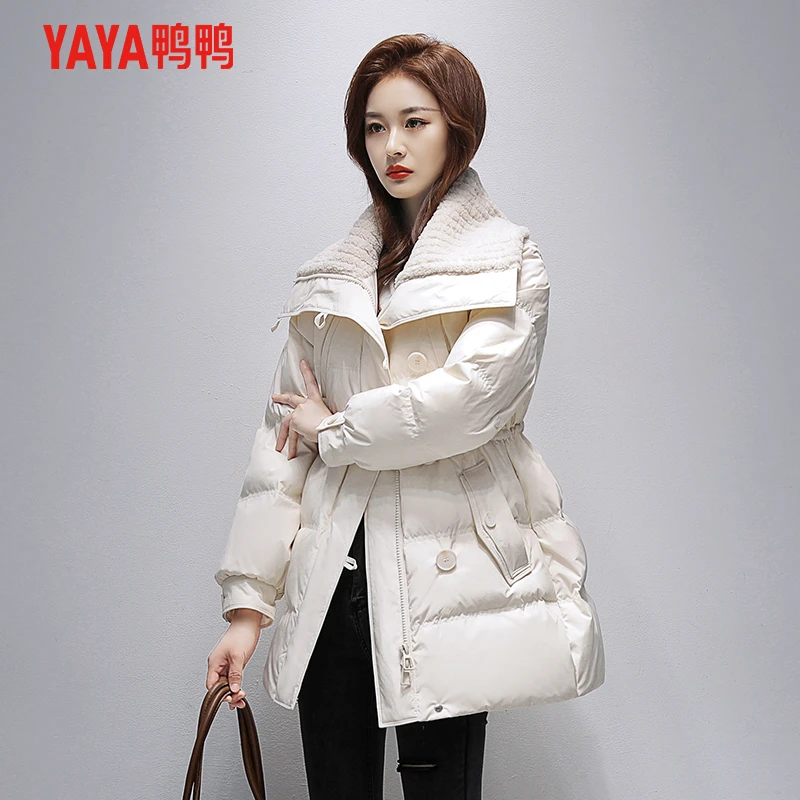 YAYA/鸭鸭中长款羽绒服女士冬季2024新款时尚收腰翻领小个子外套