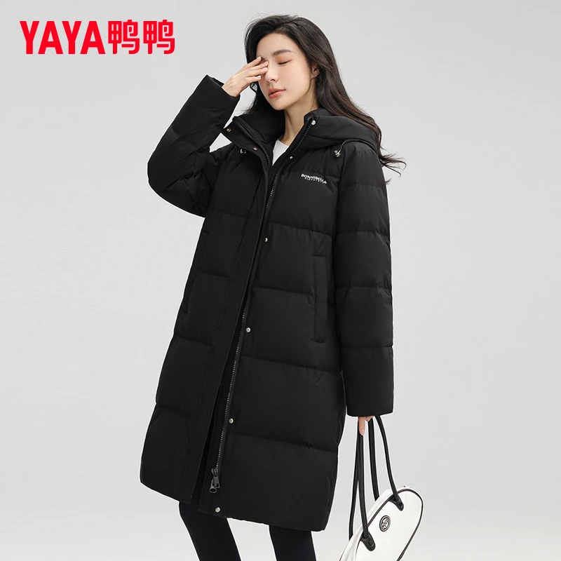YAYA/鸭鸭长款羽绒服女冬季2023年新款连帽韩版时尚鸭绒保暖外套