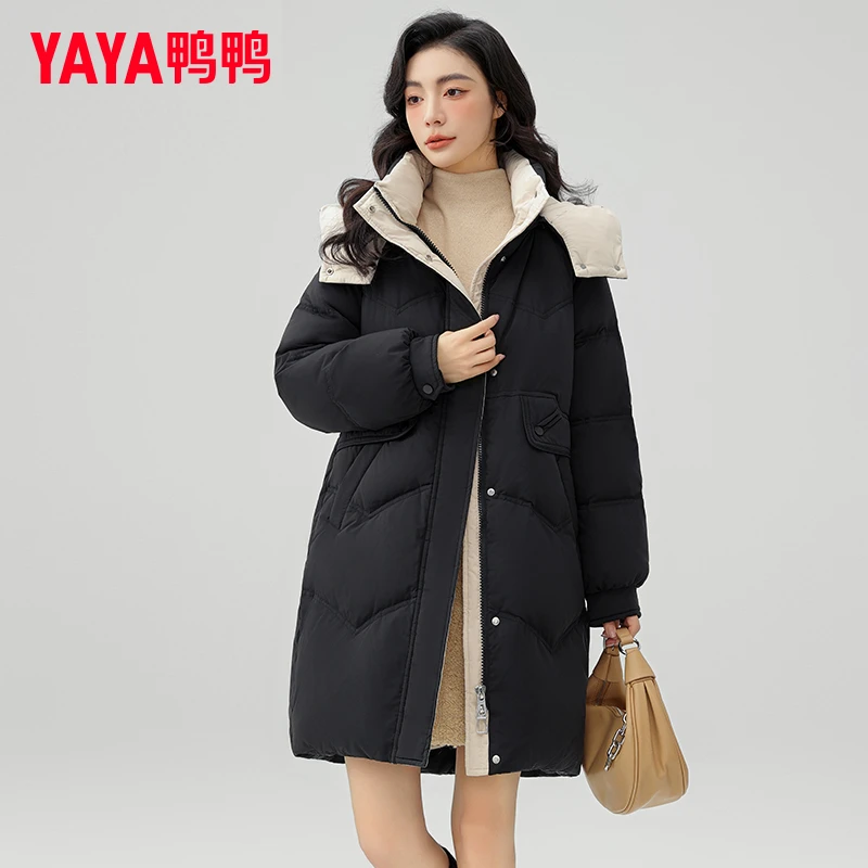 YAYA/鸭鸭连帽中长款羽绒服女士2024年冬季新款时尚休闲保暖外套