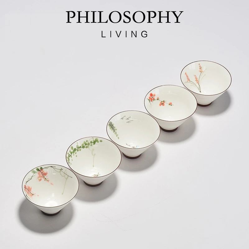 羊脂玉白瓷斗笠杯手绘荷花小茶杯带杯架陶瓷茶具品茗杯茶盏待客