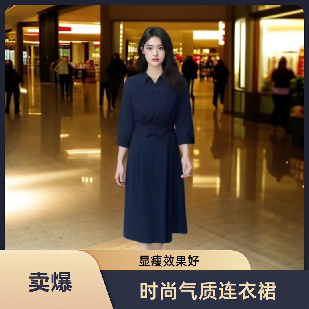 《林李上新》77129翻领休闲飘逸系带显瘦时尚气质连衣裙