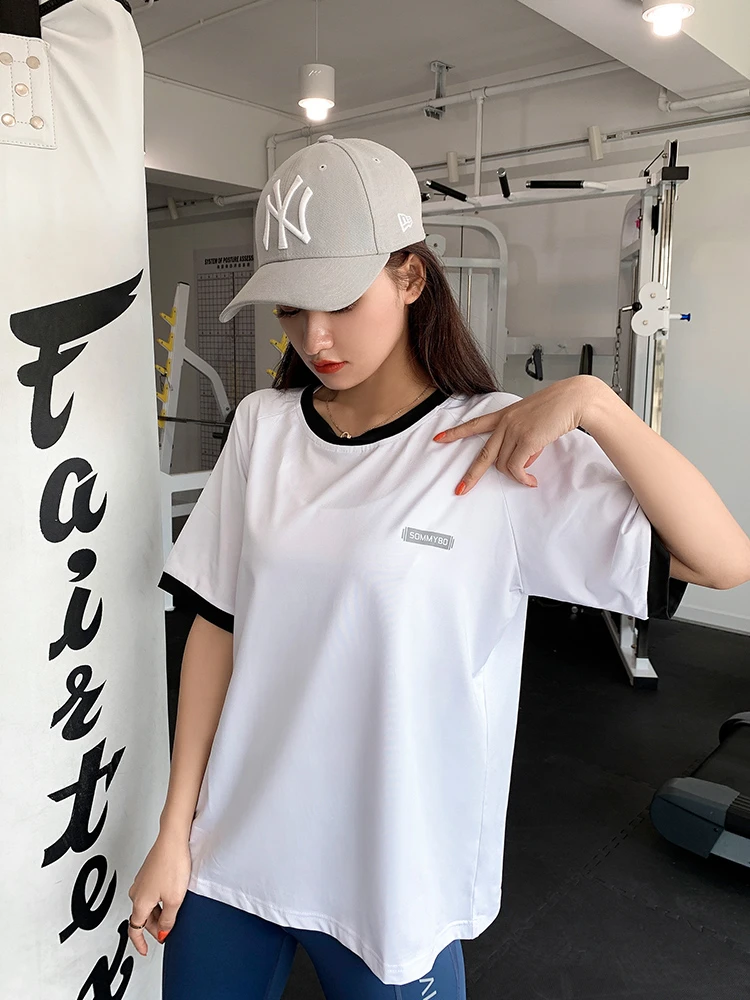 夏季薄款宽松大码胖mm撞色运动短袖T恤休闲健身跑步透气瑜伽上衣