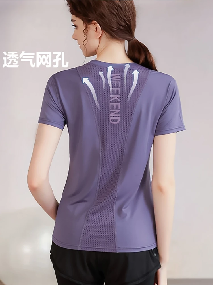 薄款胖mm显瘦T恤瑜伽服宽松大码健身房跑步透气速干网眼运动短袖