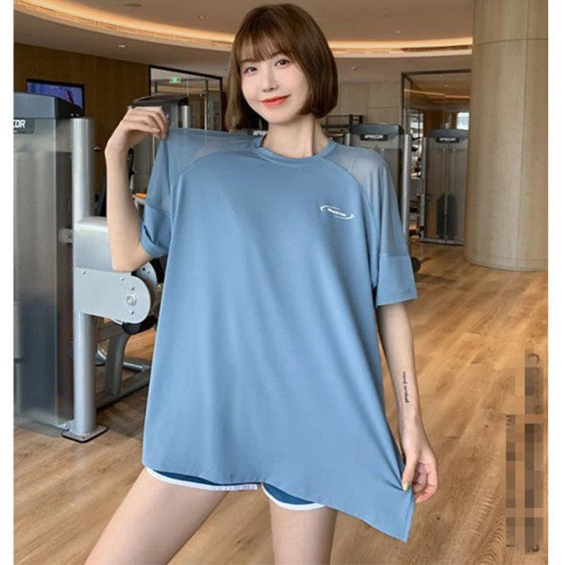 夏季运动短袖宽松大码长款t恤女胖mm健身遮臀网纱透气瑜伽服上衣