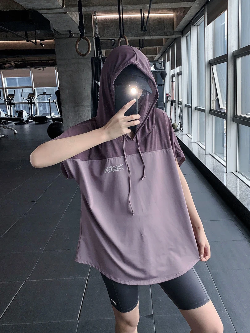 夏季薄款宽松网纱带帽t恤跑步速干休闲运动大码胖mm健身短袖瑜伽