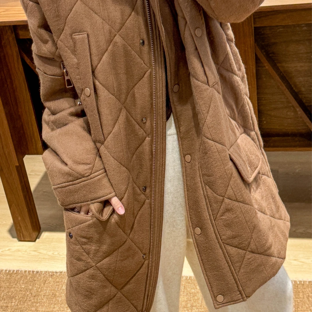 【绵羊毛面料丨 骆驼绒填充】24抗寒轻暖中长外套围巾无领款棉服