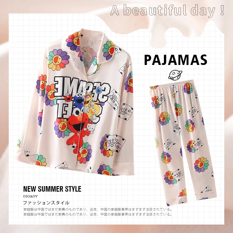 芝麻街卡通印花睡衣女夏季丝滑冰雪丝长袖长裤套装家居服大码