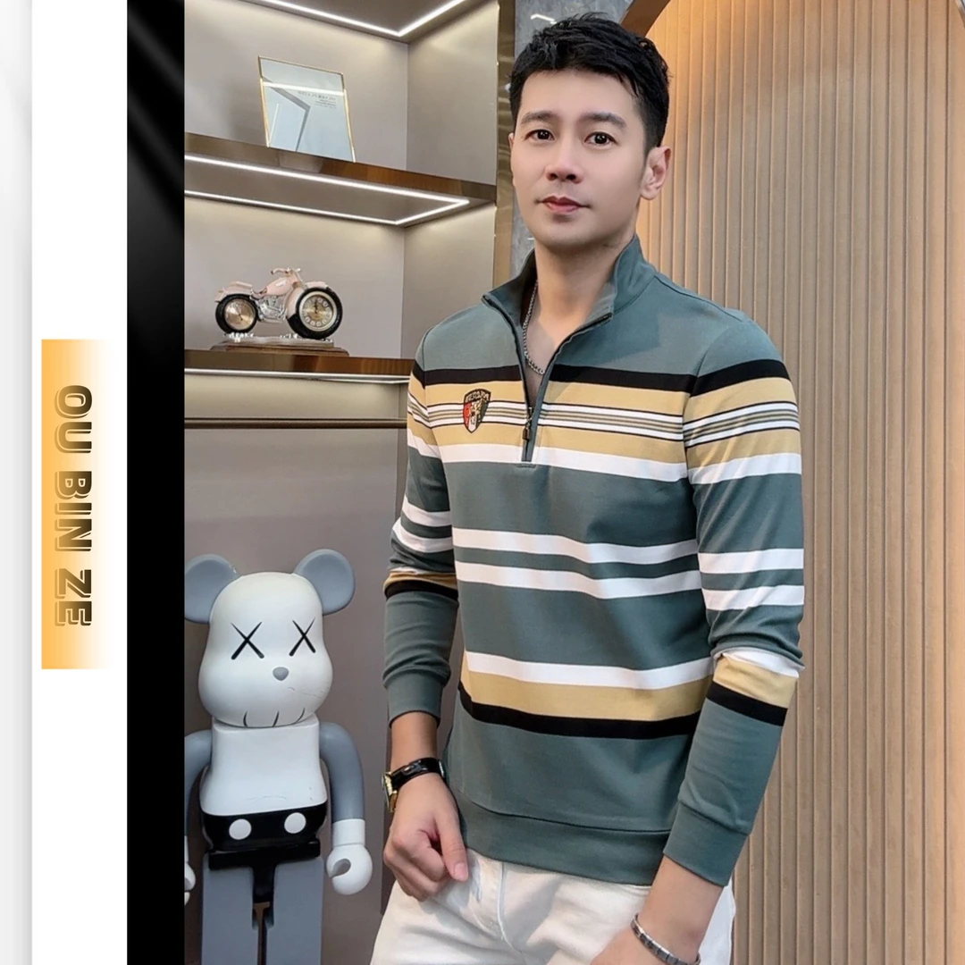 欧彬泽【】男士秋季翻领高领休闲条纹半拉链长袖卫衣3109