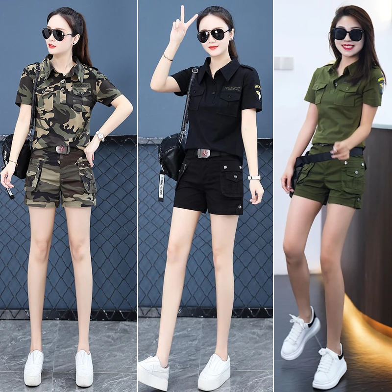 2025年新款时尚洋气质工装女装减龄休闲套装短袖短裤迷彩服两件套