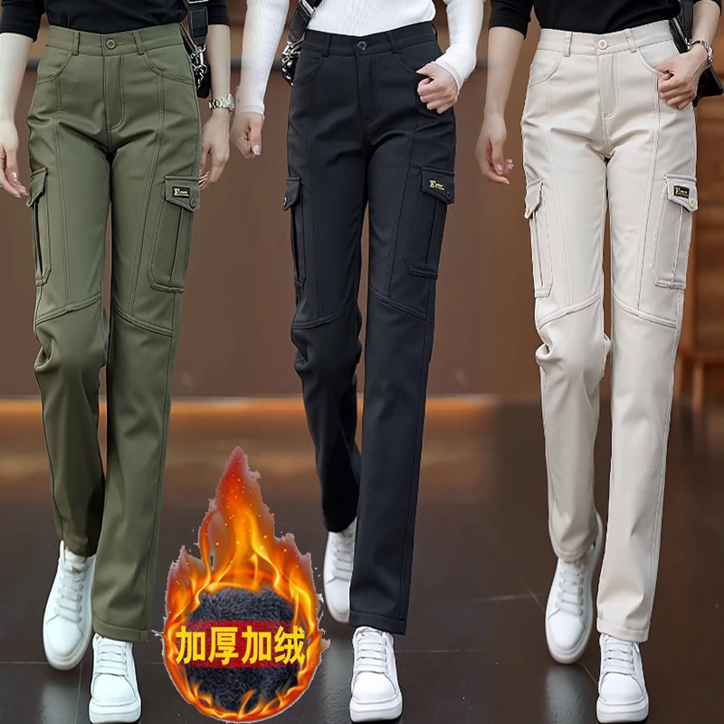 黑色加绒工装裤女2025年秋冬新款遮肉显瘦百搭保暖直筒休闲长裤潮