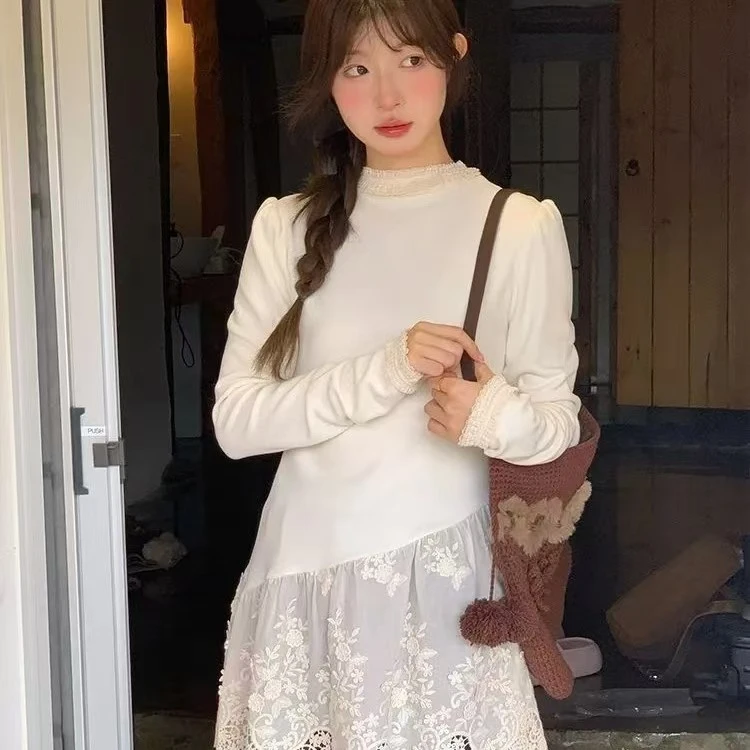 秋冬新款甜美软妹收腰显瘦不规则叠穿针织蕾打底衫女内搭可外穿