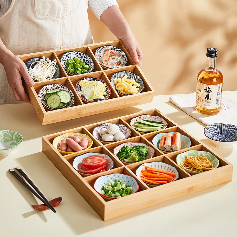 围炉竹木九宫格餐具碟子火锅店酱料分格餐盘蔬菜托盘烤肉木盘拼盘