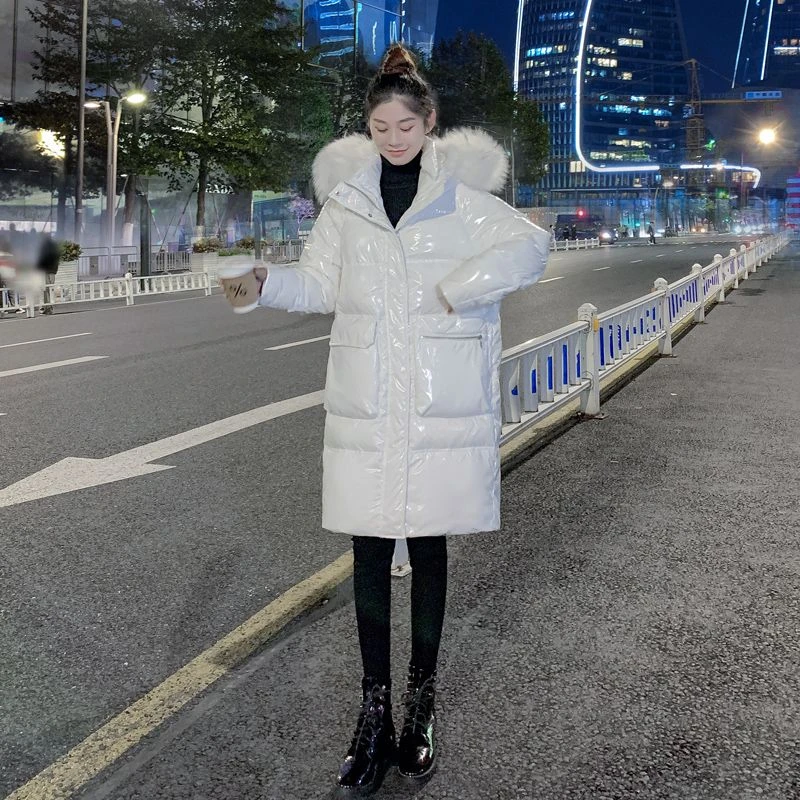 波司登白色亮面免洗鹅绒羽绒服女2023年新款冬季中长款大码防风加
