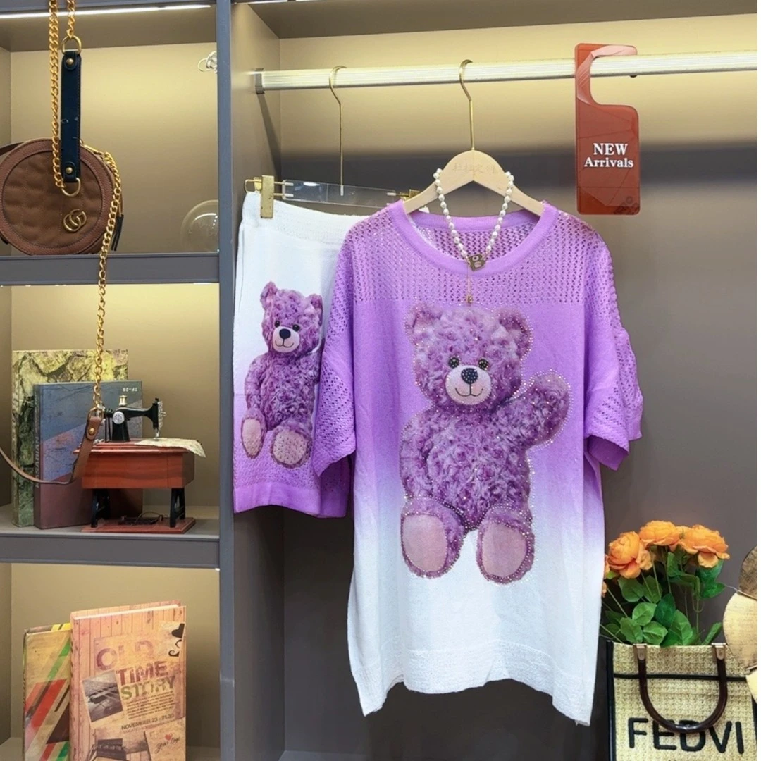 042【紫色小熊】针织时尚宽松紫色设计师套头夏季长款大版圆卡通