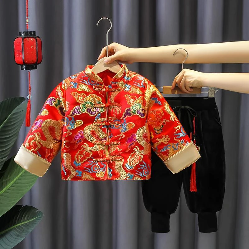 唐装男童冬季红色喜庆拜年服套装中小童汉服洋气中国风夹棉两件套