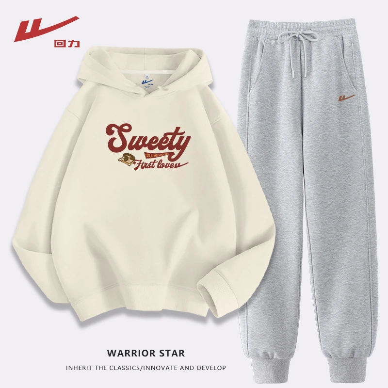 Warrior/回力2024爆款简约美式印花温柔风连帽卫衣卫裤穿搭一整套