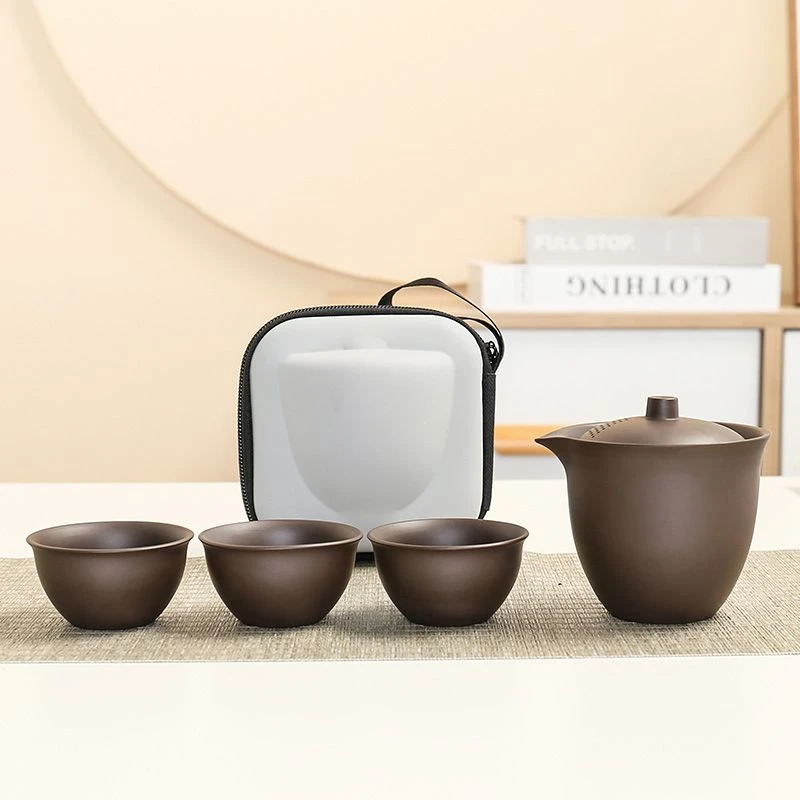 旅行  茶具套装紫砂快客杯便携式露营茶具车载户外泡茶杯一壶三杯
