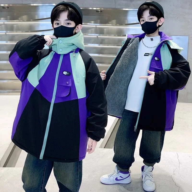 男童加绒棉衣外套2024新款中大童儿童男孩秋冬季加绒加厚派克服潮