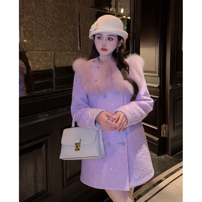 【暮山紫】羽绒服原创设计羊毛羽绒外套狐狸毛手工大衣