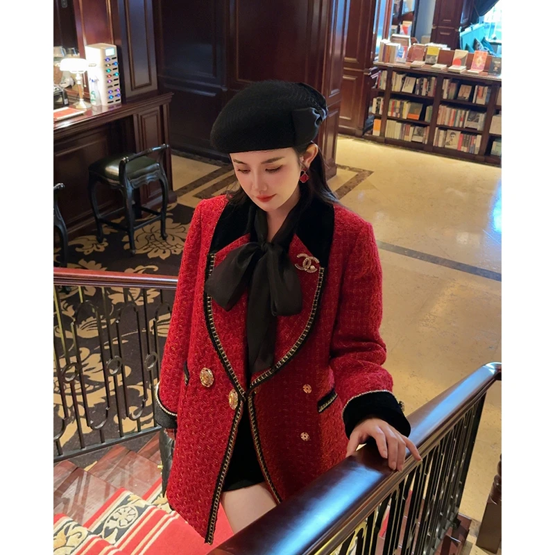 【波尔多酒庄 】羽绒服2023冬季新品宽松红色小香风羽绒服中长外套