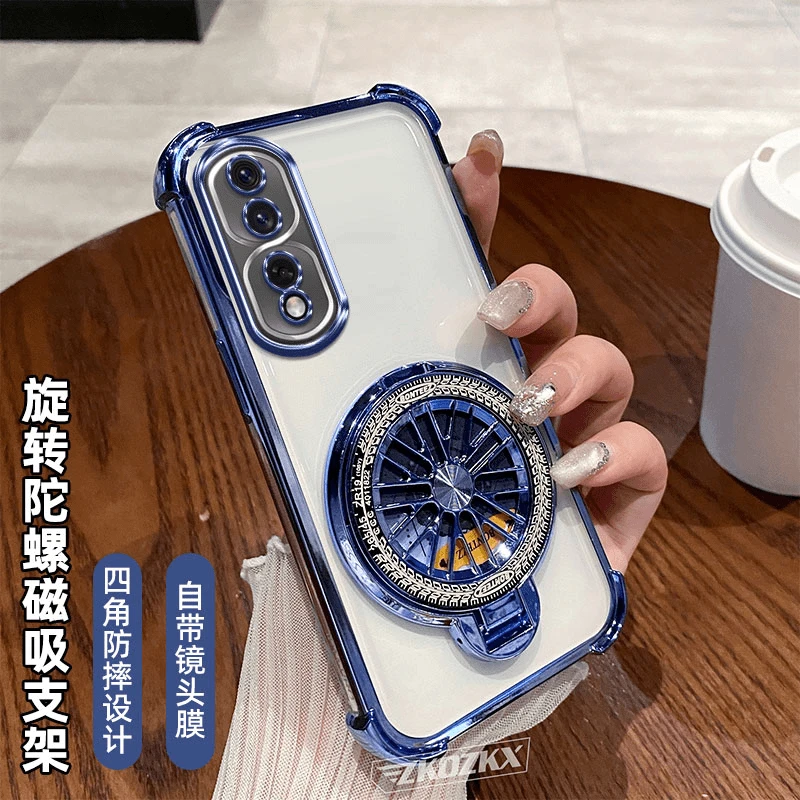 适用荣耀80Pro手机壳磁吸陀螺支架镜头全包透明电镀四角防摔超薄p
