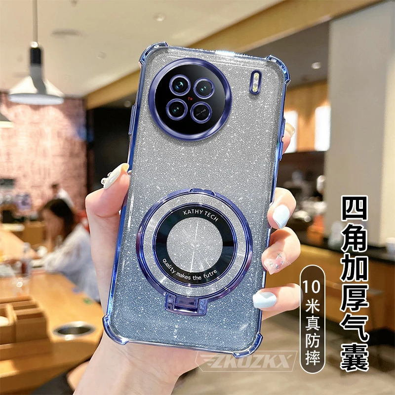 适用vivoX90S手机壳闪粉磁吸支架自带镜头膜全包防摔气囊电镀软壳